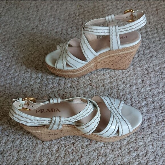 Prada White leather criss cross Wedges Sandals size 36.5 - Picture 5 of 16
